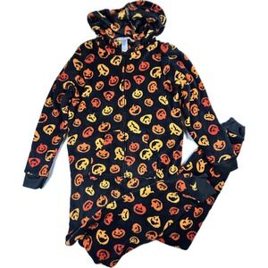 Pillow Talk Halloween Pumpkin Jack O Lantern Fleece Hooded Pajama Onesie L